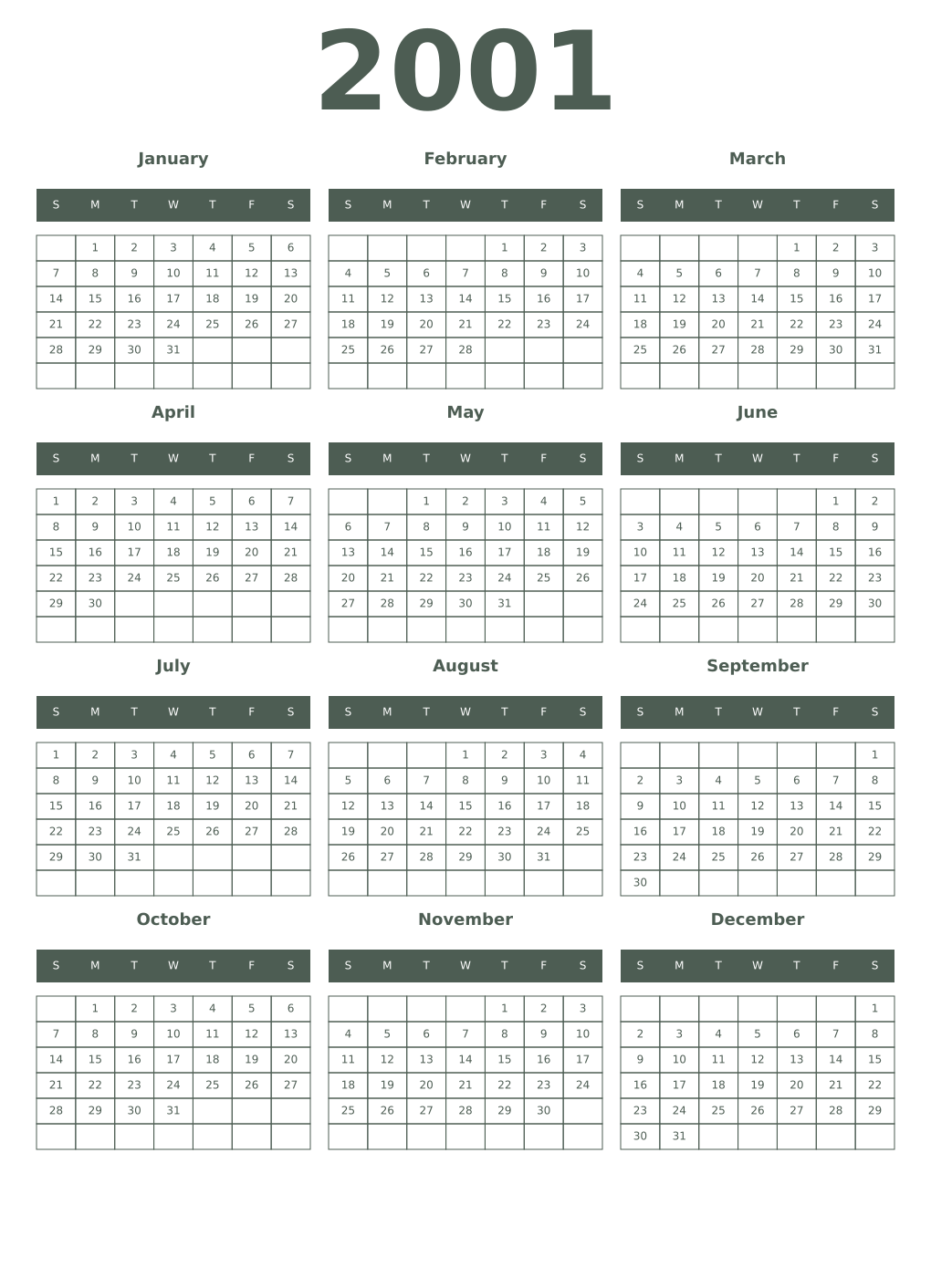 Printable 2001 Year Calendars feldgrau