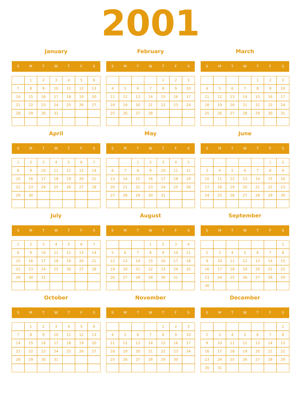 Printable 2001 Year Calendars gamboge