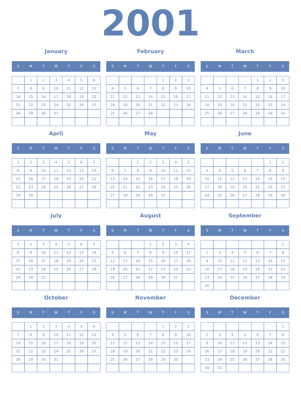 Printable 2001 Year Calendars glaucous