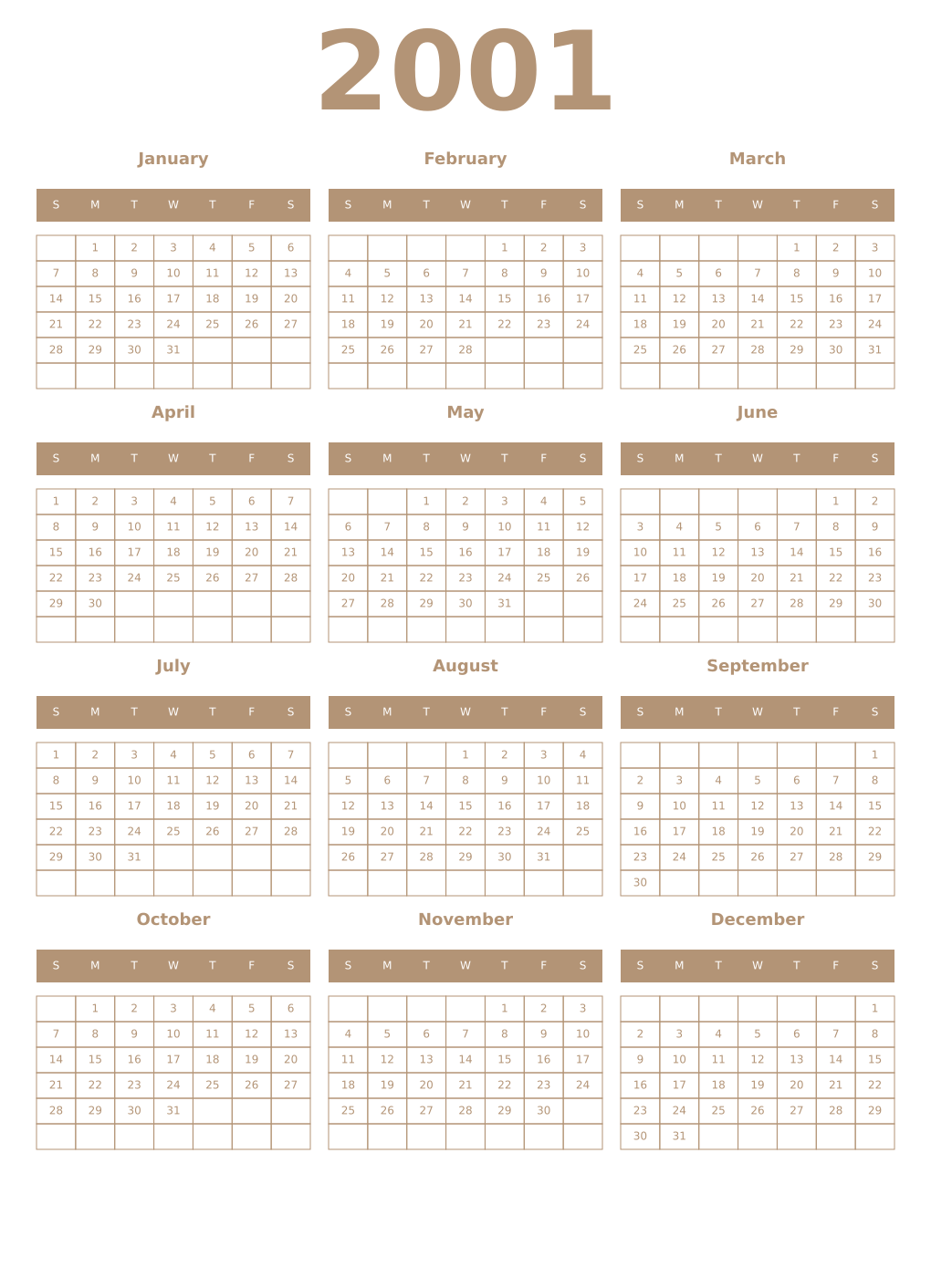 Printable 2001 Year Calendars isabelline