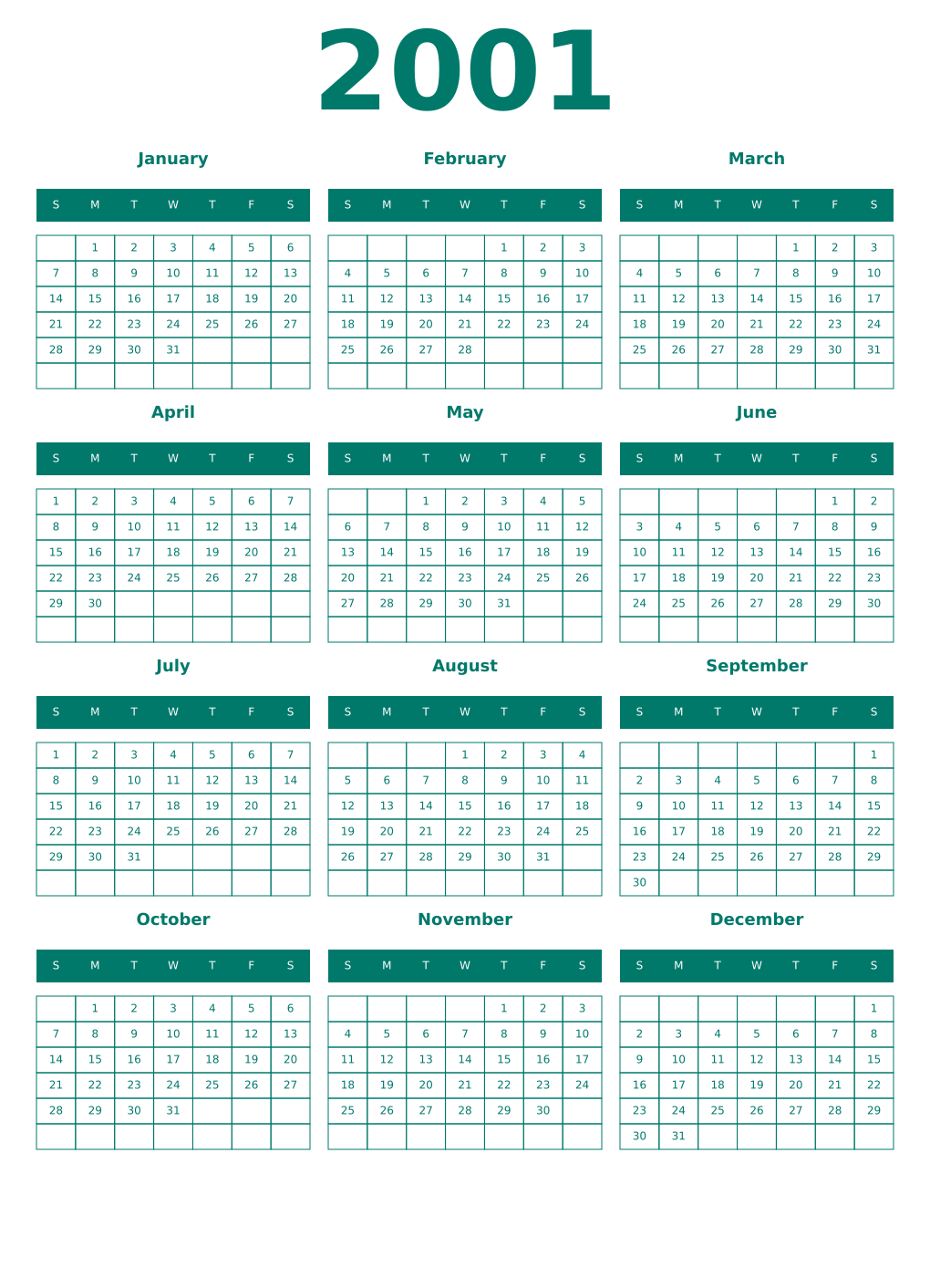 Printable 2001 Year Calendars pastel