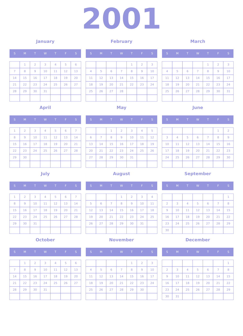 Printable 2001 Year Calendars periwinkle