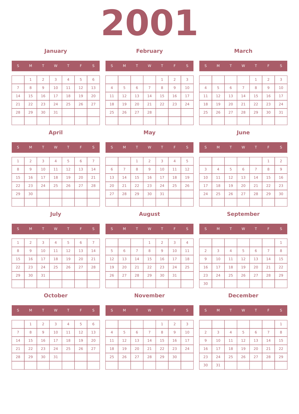 Printable 2001 Year Calendars puce