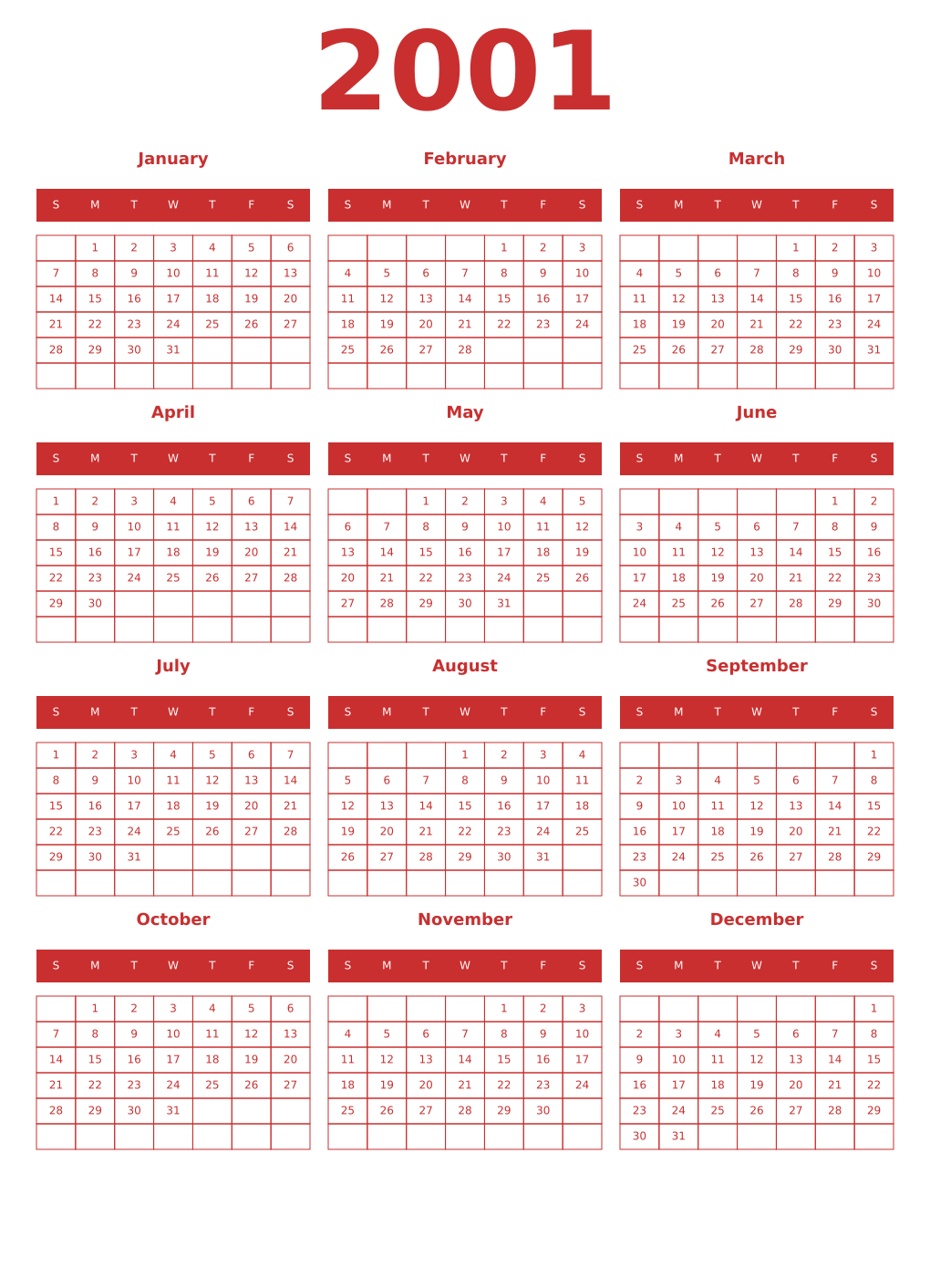 Printable 2001 Year Calendars red