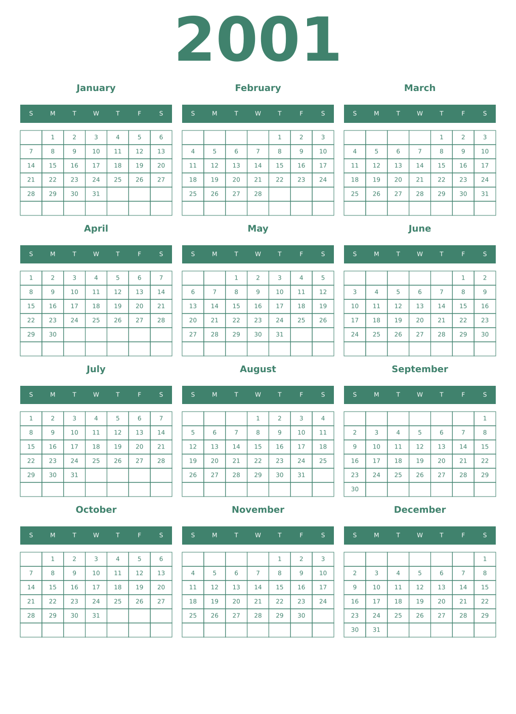 Printable 2001 Year Calendars viridian