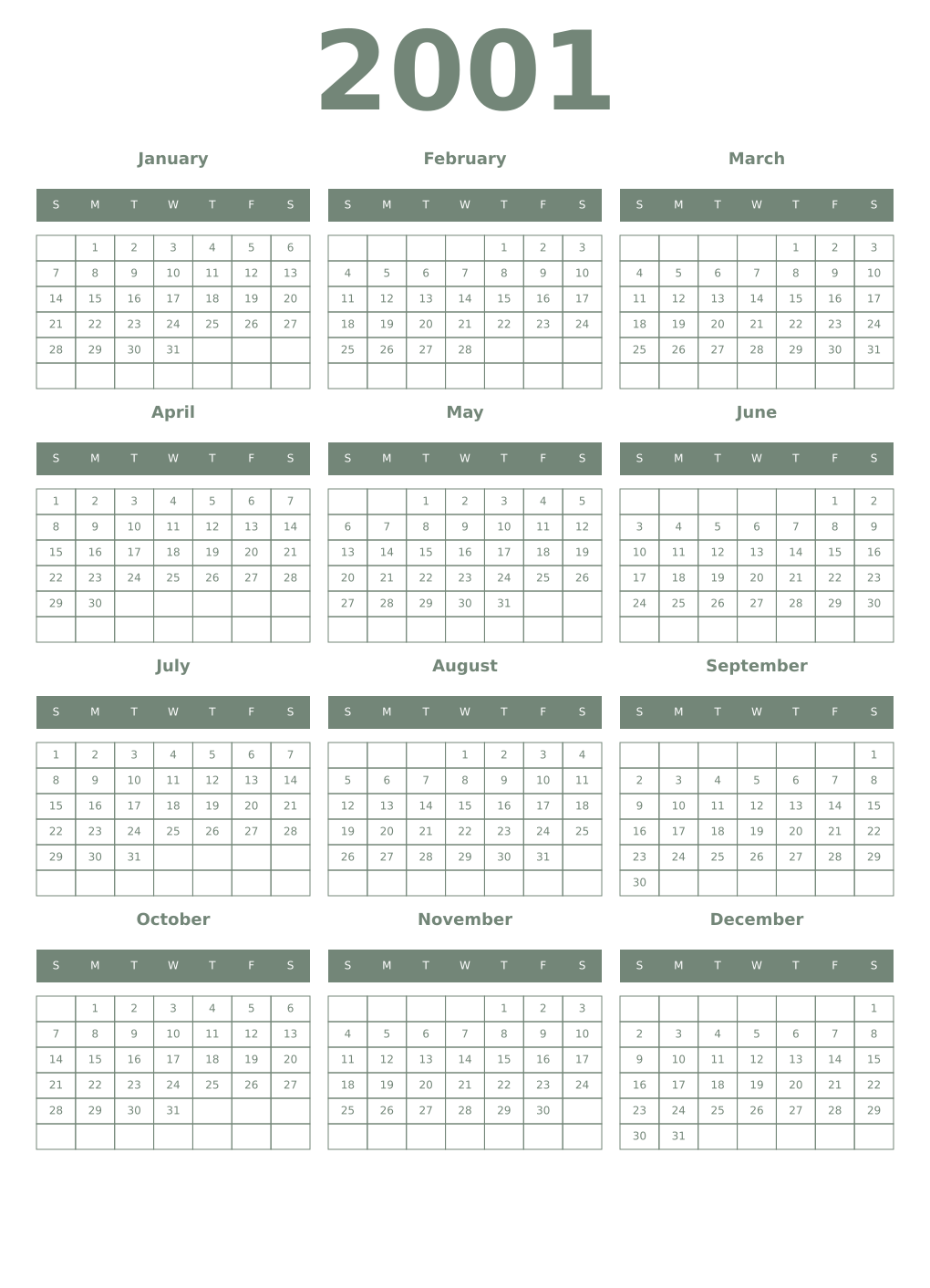 Printable 2001 Year Calendars xanadu