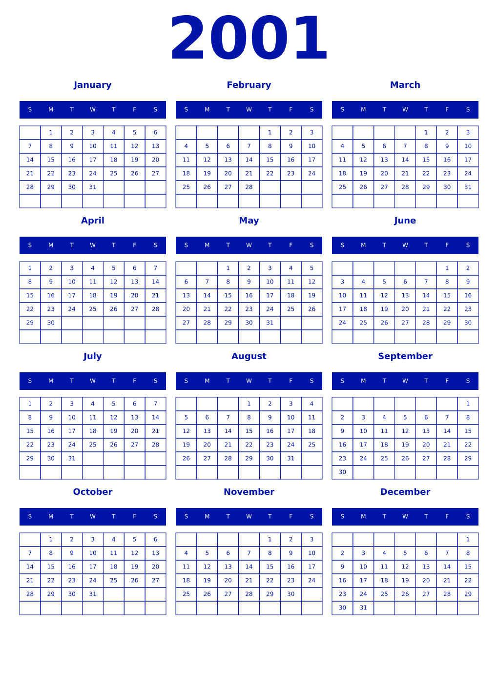 Printable 2001 Year Calendars zaffre
