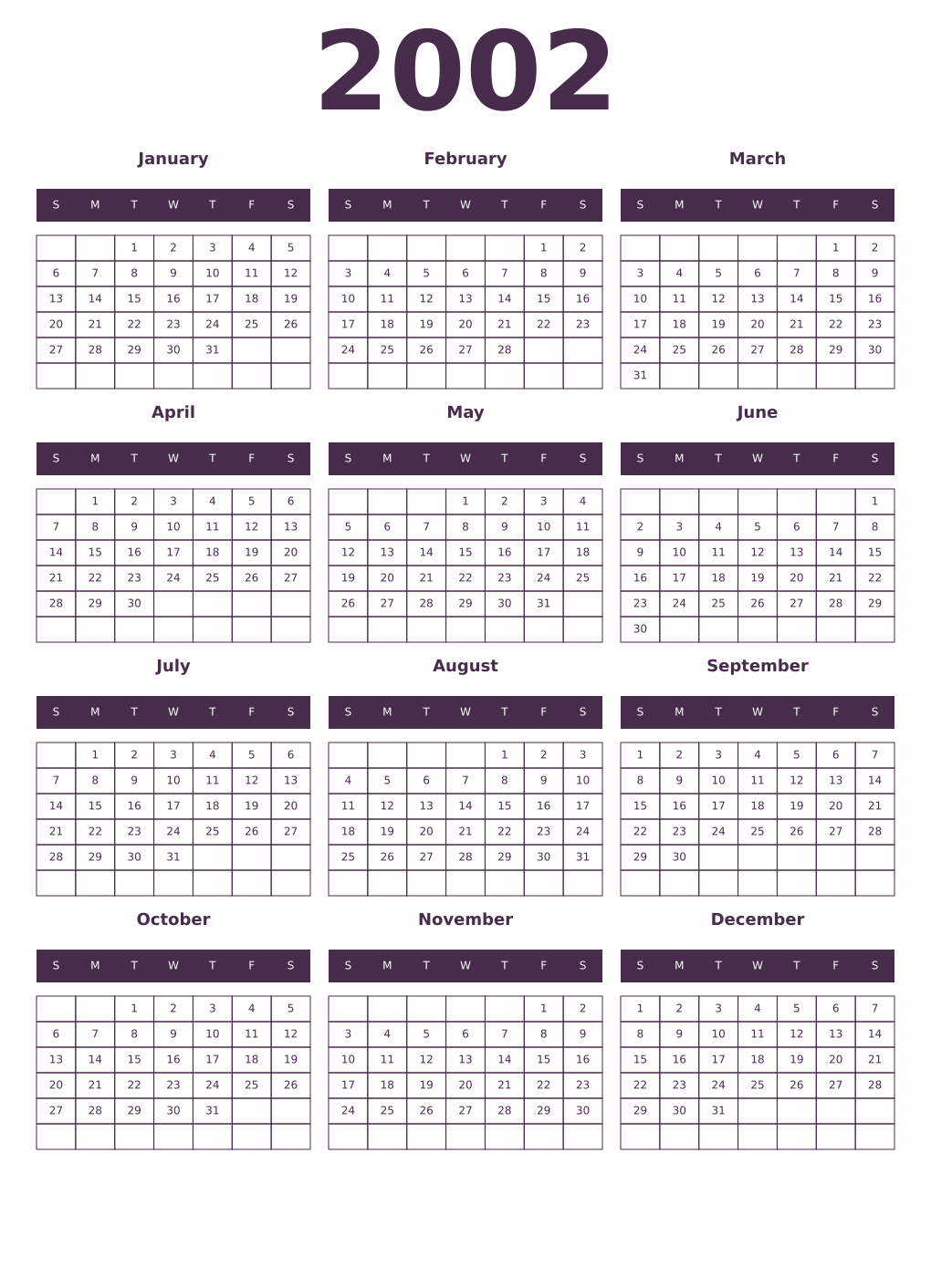 Printable 2002 Year Calendars aubergine