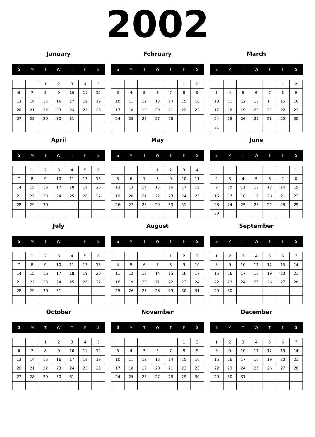 Printable 2002 Year Calendars black
