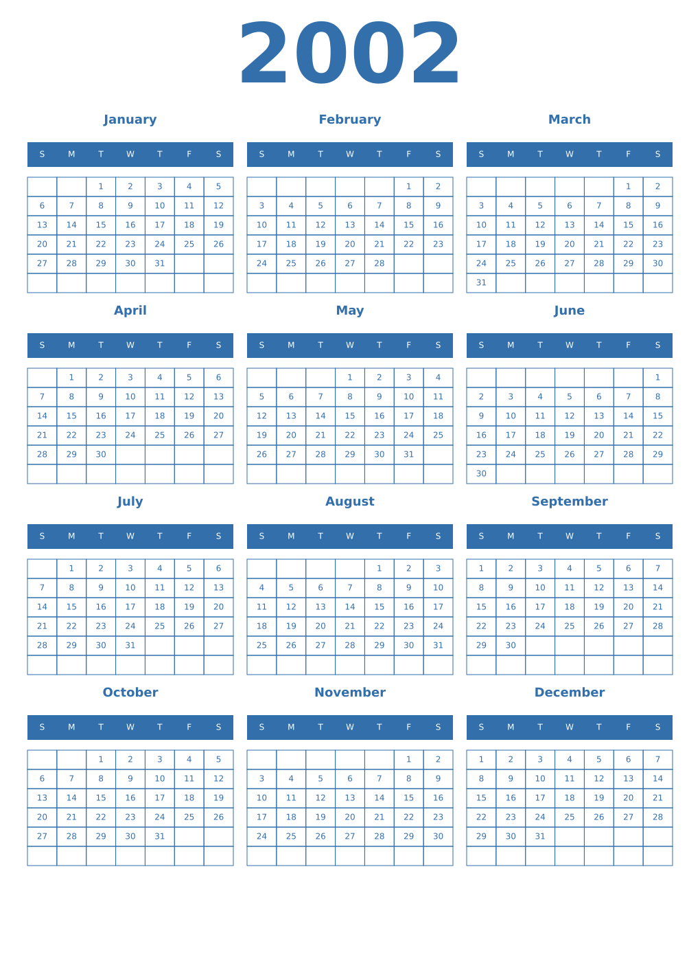 Printable 2002 Year Calendars blue