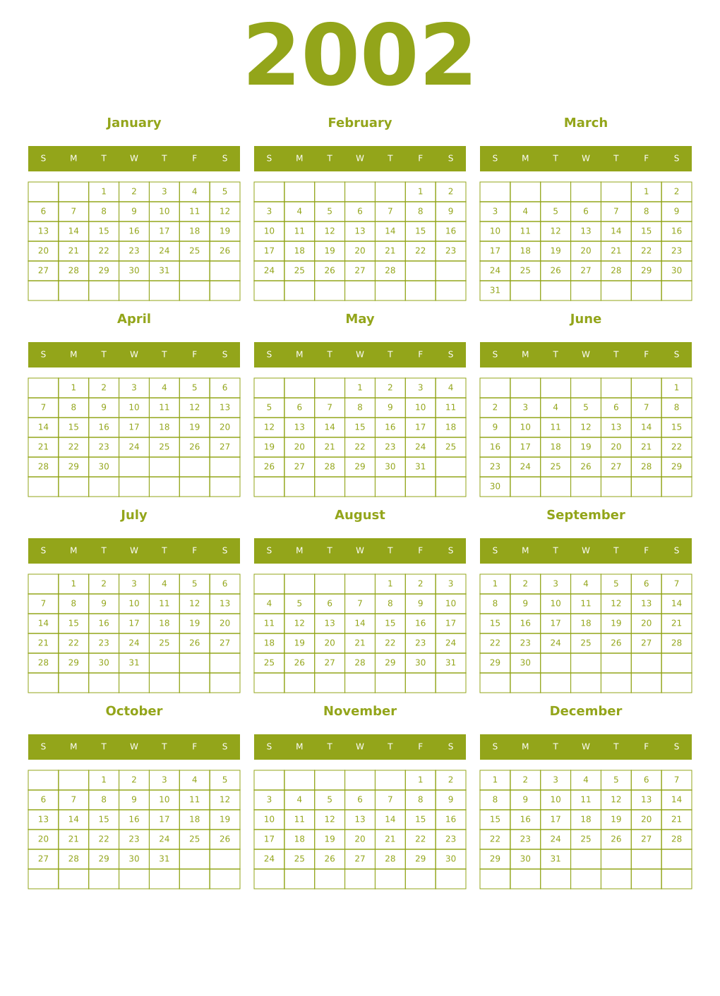 Printable 2002 Year Calendars chartreuse