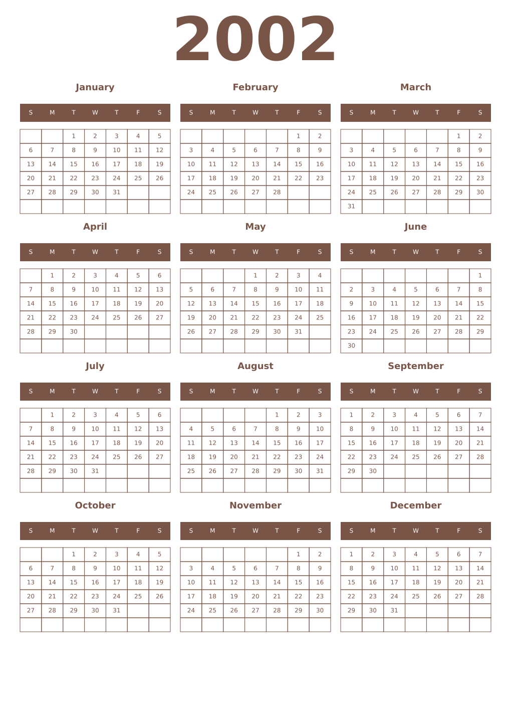 Printable 2002 Year Calendars coffe