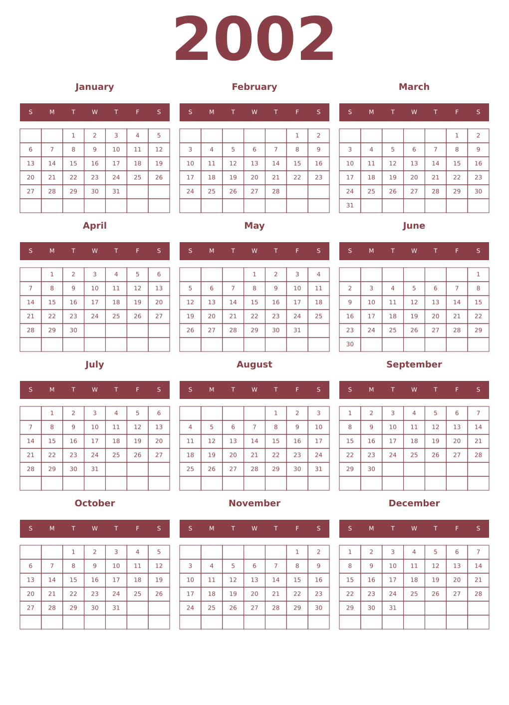 Printable 2002 Year Calendars cordovan