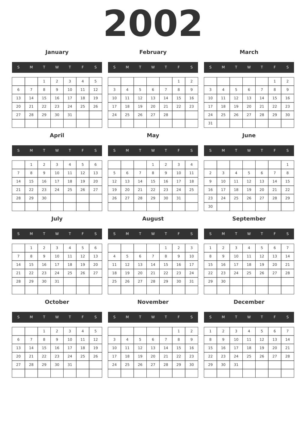 Printable 2002 Year Calendars dark