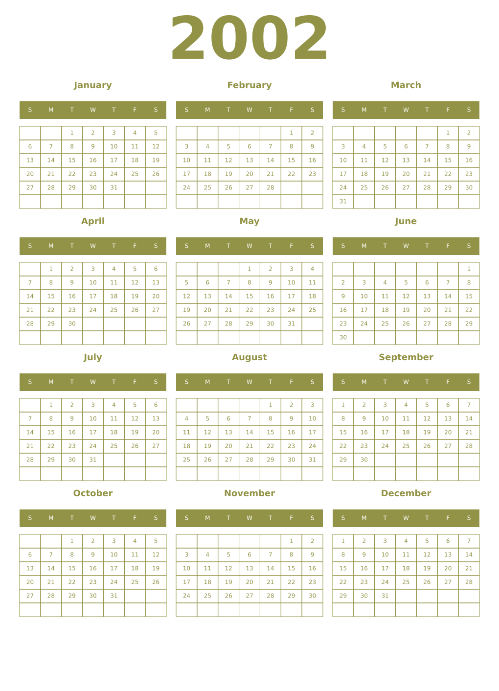 Printable 2002 Year Calendars eburnean