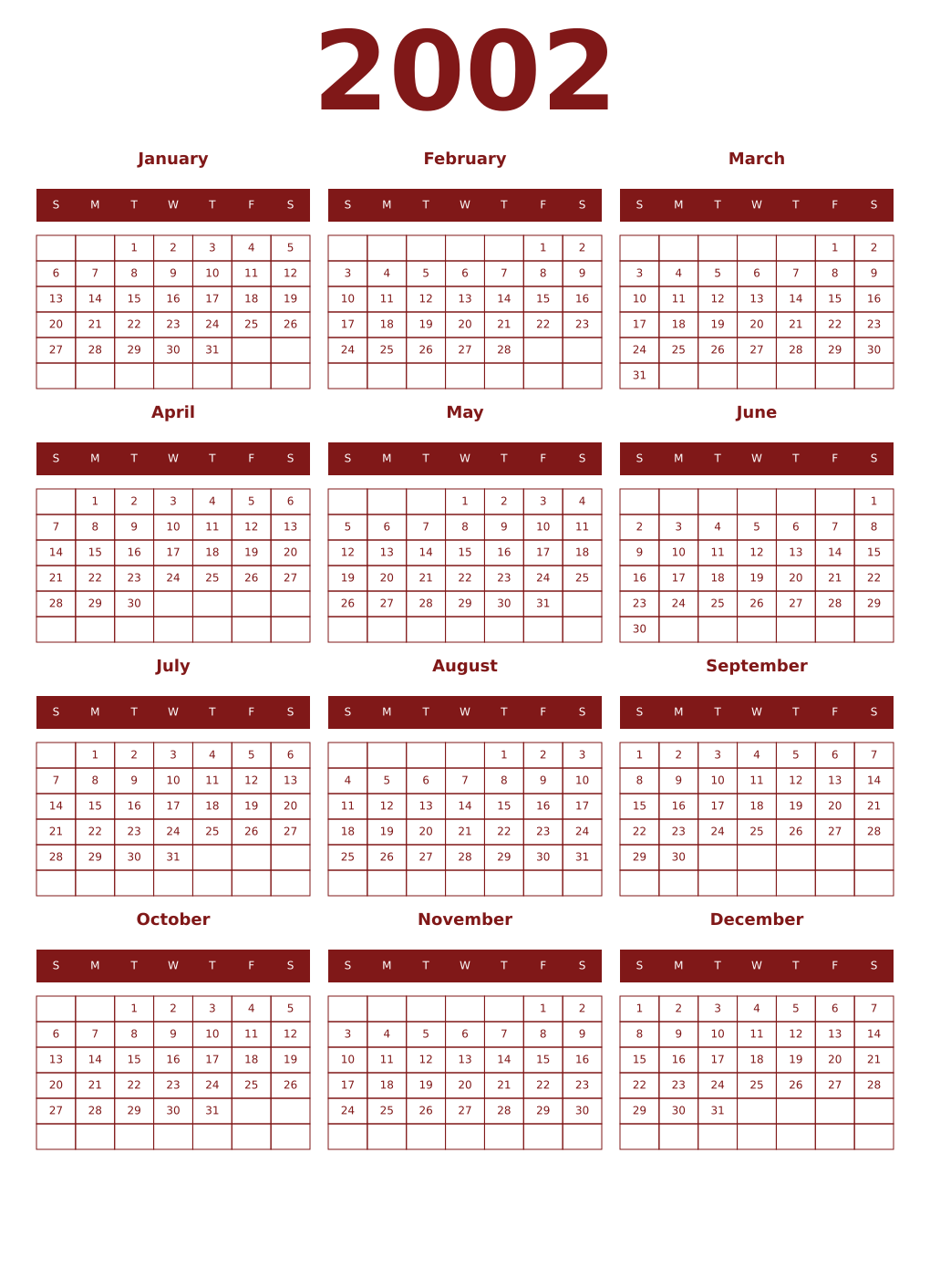 Printable 2002 Year Calendars falu