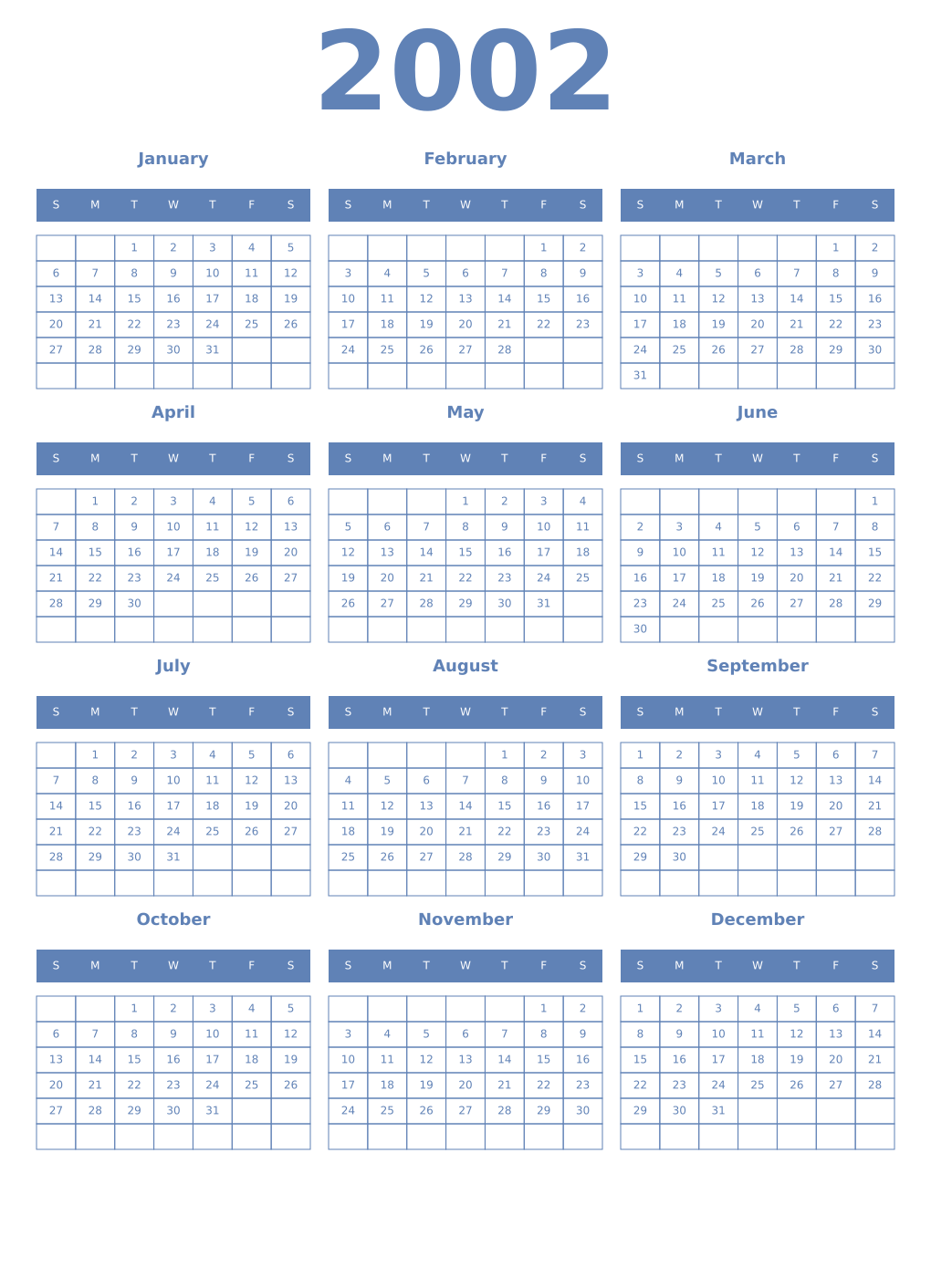 Printable 2002 Year Calendars glaucous