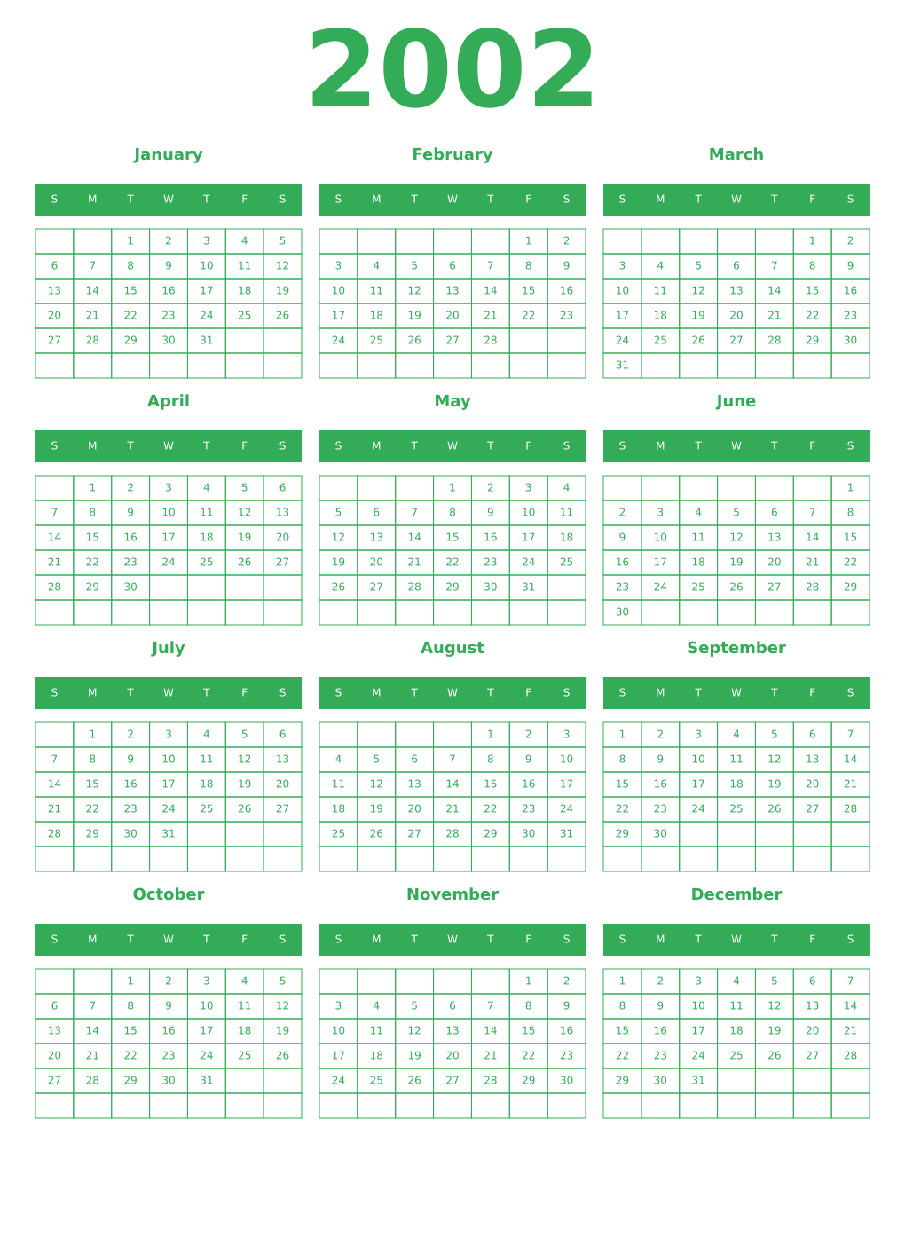 Printable 2002 Year Calendars green