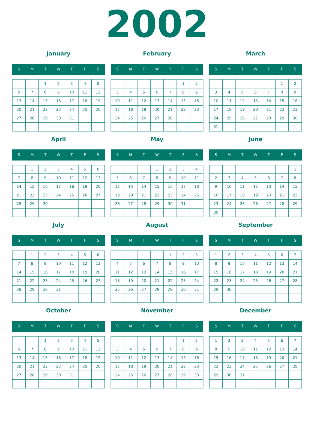 Printable 2002 Year Calendars pastel