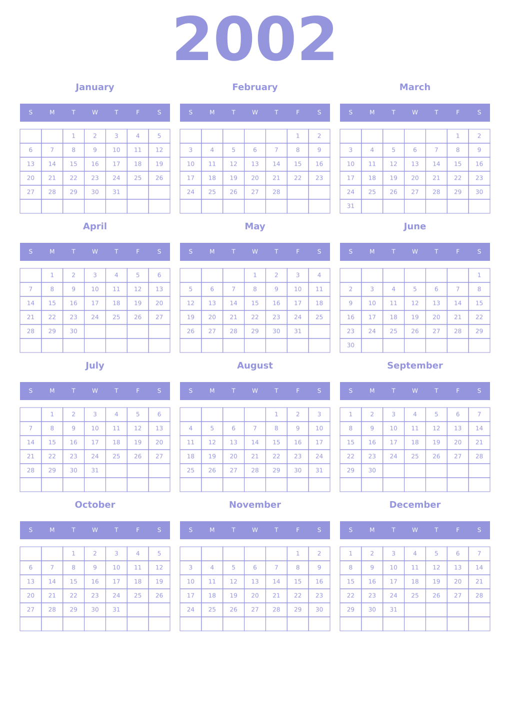 Printable 2002 Year Calendars periwinkle