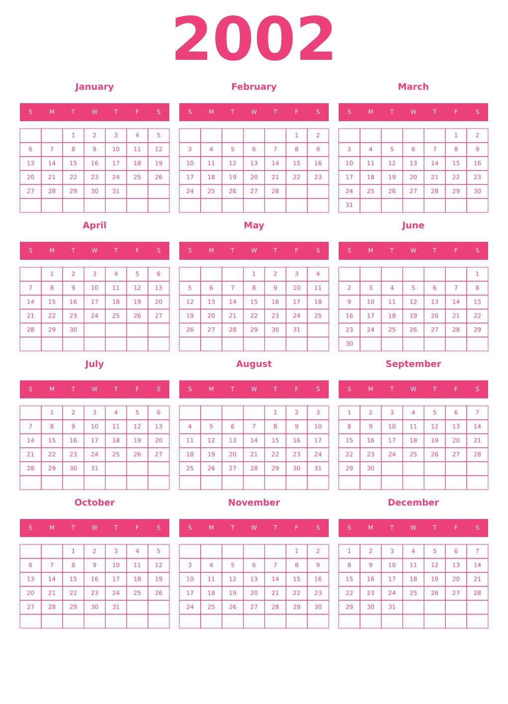 Printable 2002 Year Calendars pink