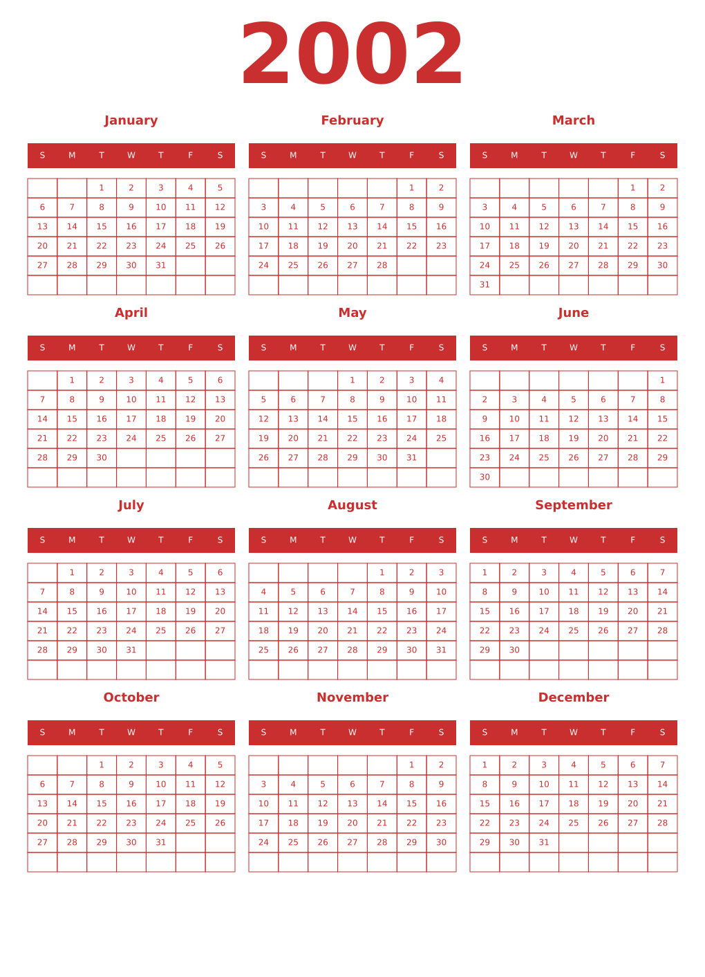 Printable 2002 Year Calendars red