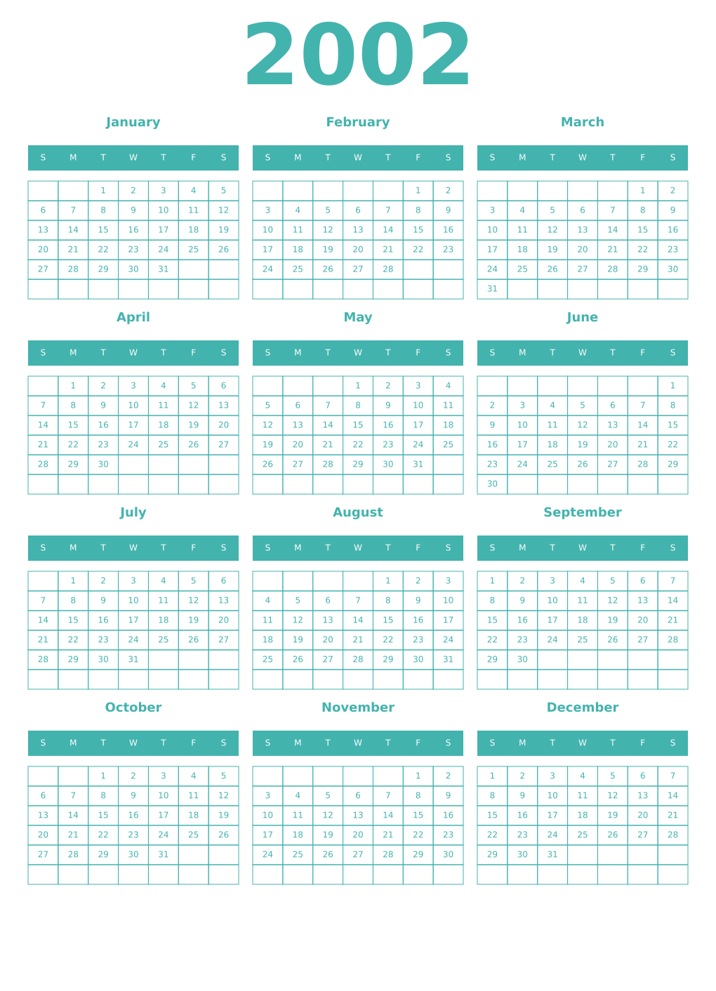 Printable 2002 Year Calendars verdigris