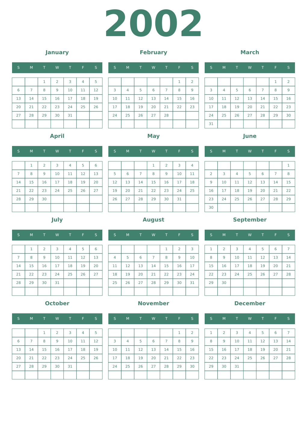 Printable 2002 Year Calendars viridian