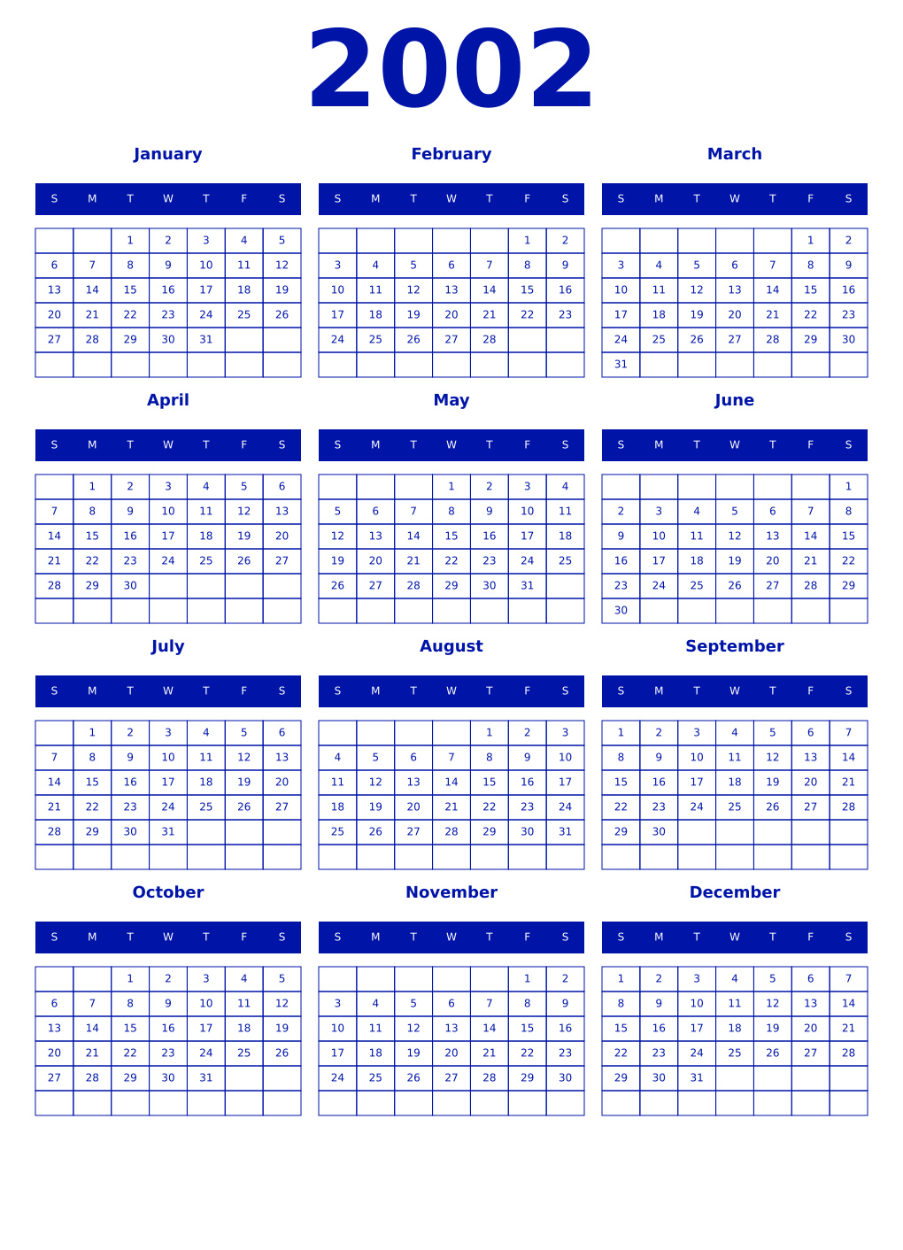 Printable 2002 Year Calendars zaffre