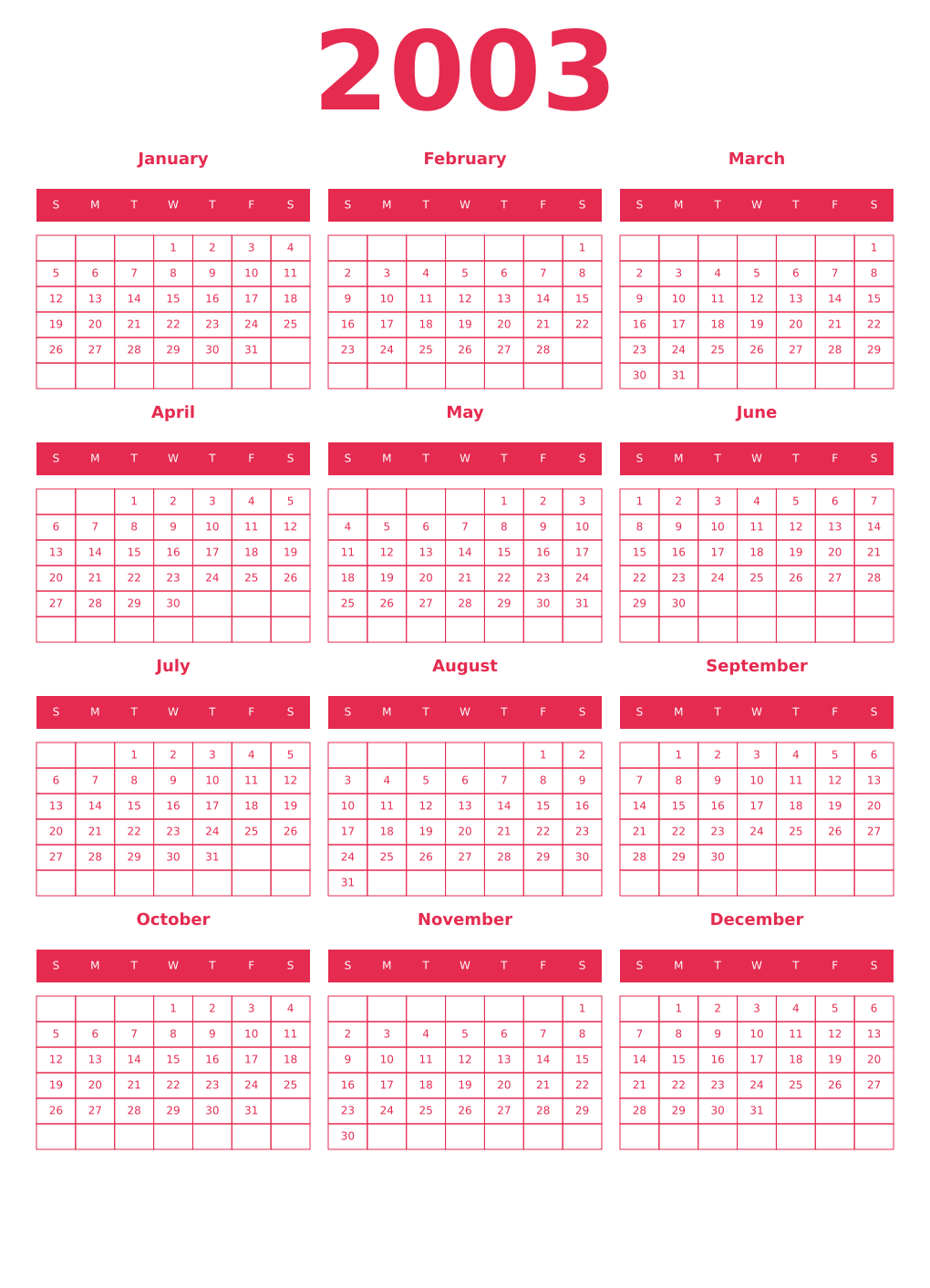 Printable 2003 Year Calendars amaranth