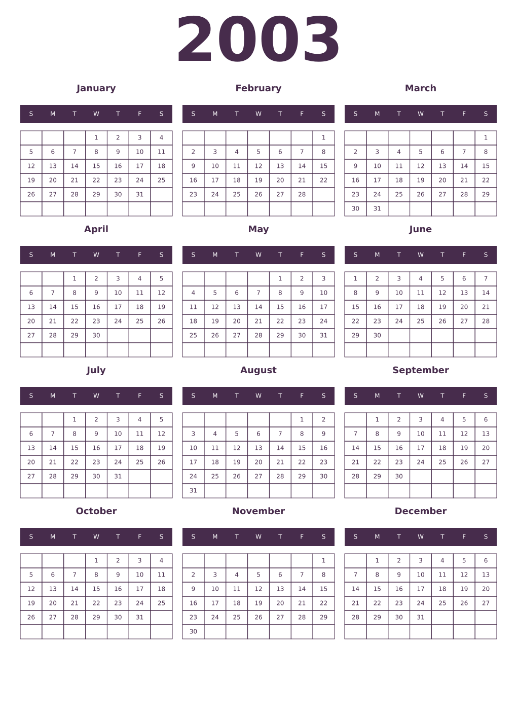 Printable 2003 Year Calendars aubergine