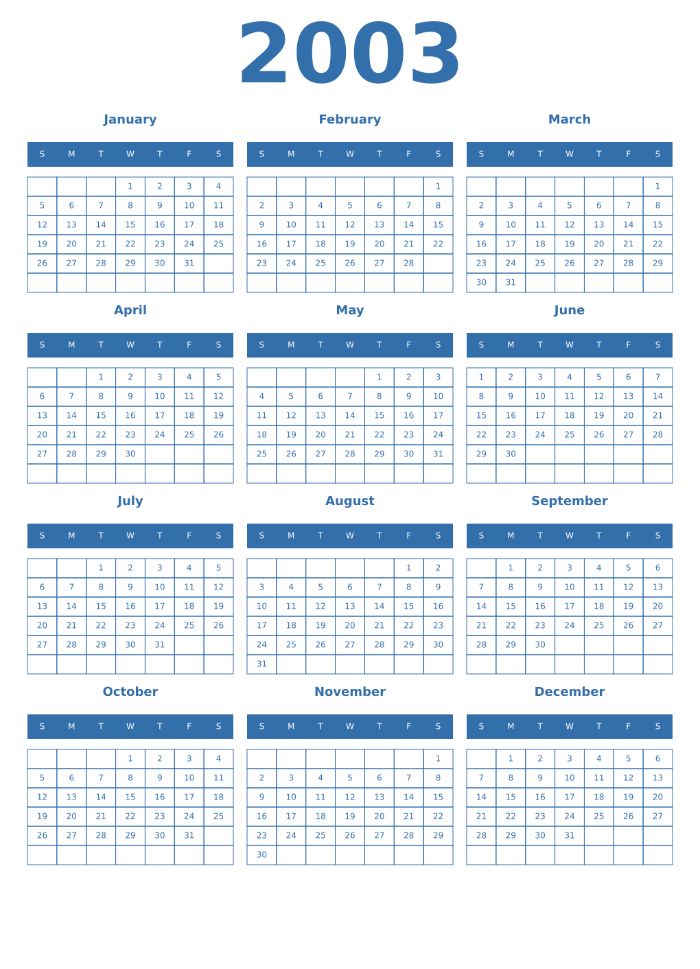 Printable 2003 Year Calendars blue