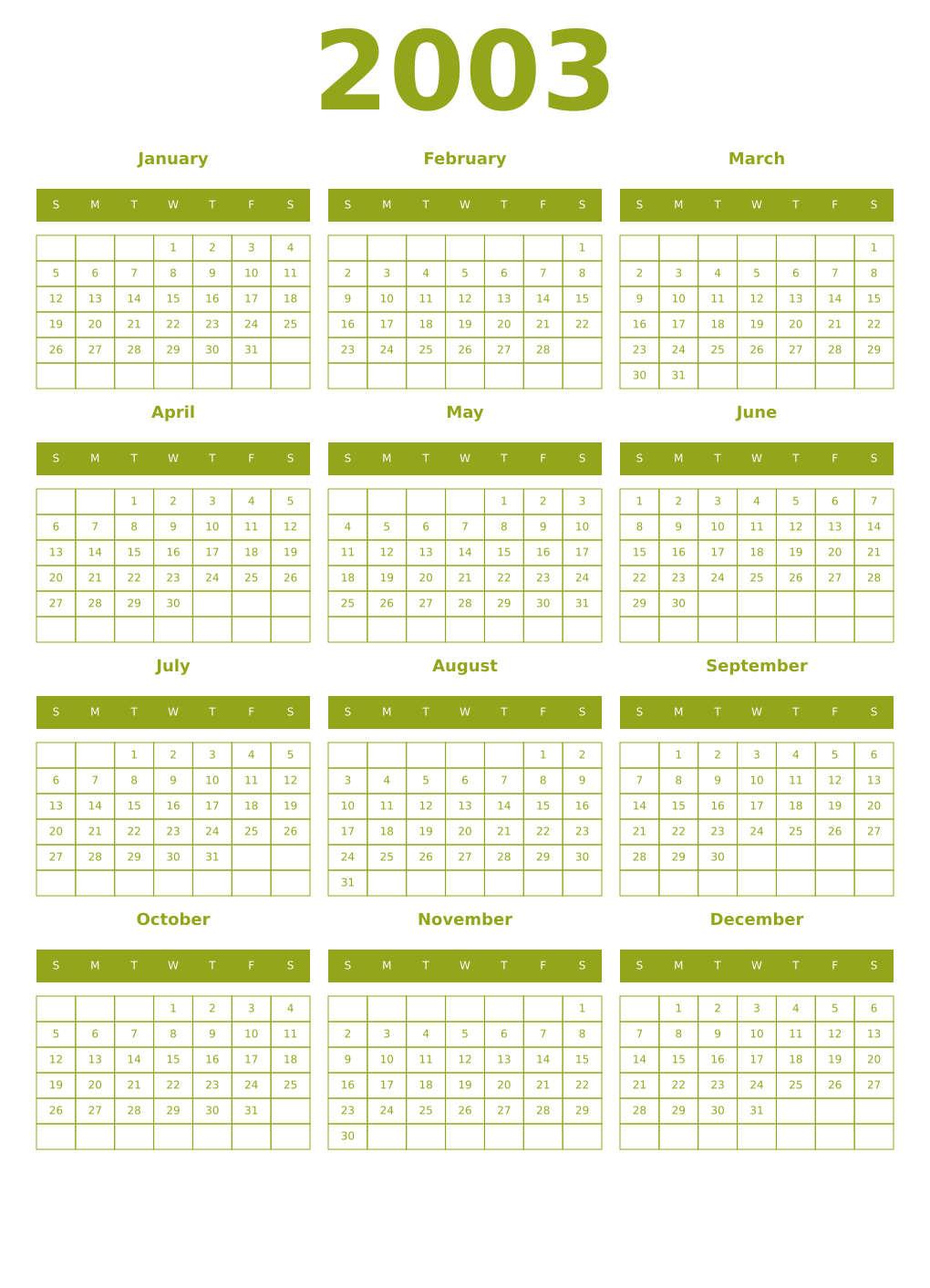 Printable 2003 Year Calendars chartreuse