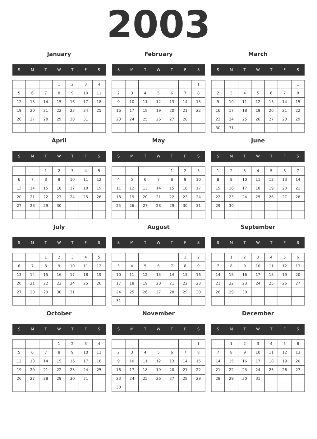 Printable 2003 Year Calendars dark