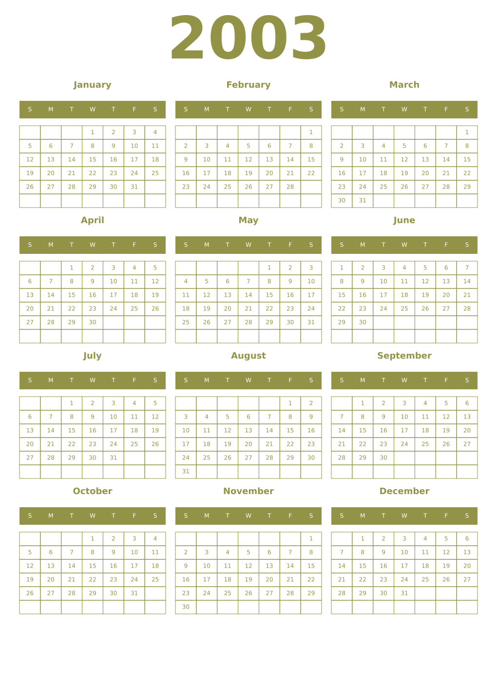 Printable 2003 Year Calendars eburnean