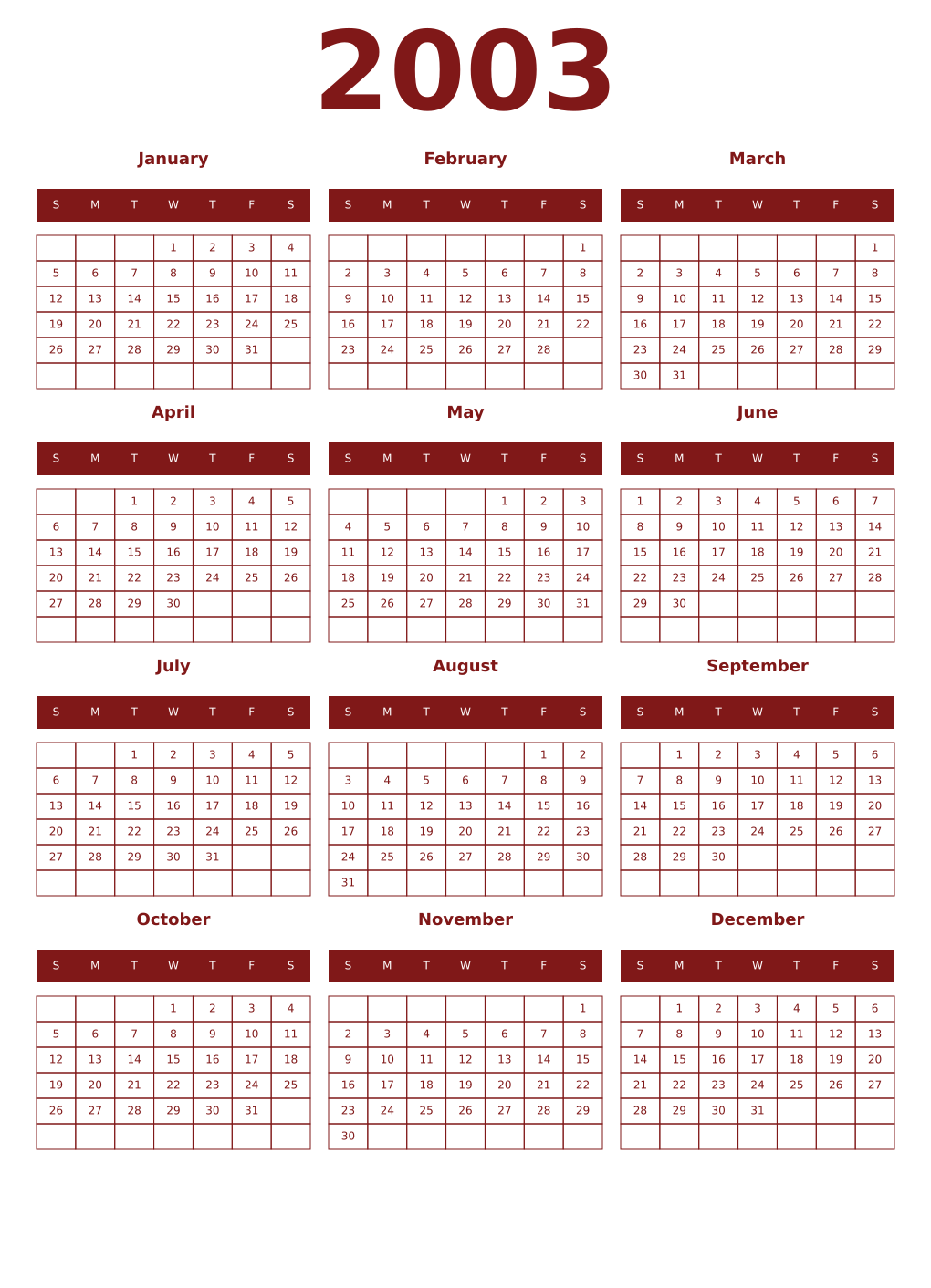 Printable 2003 Year Calendars falu