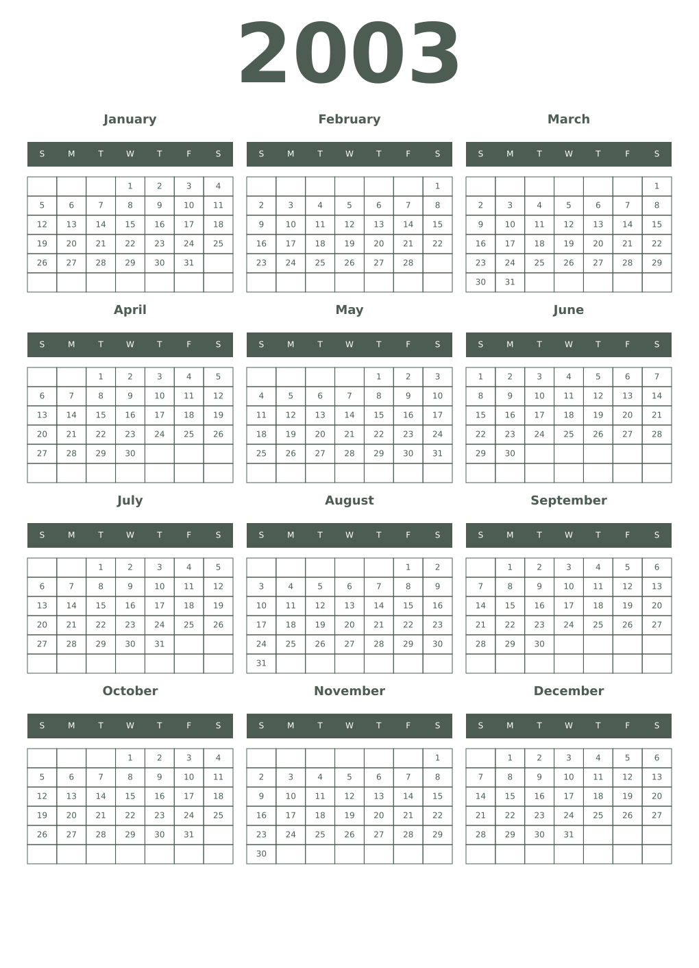 Printable 2003 Year Calendars feldgrau