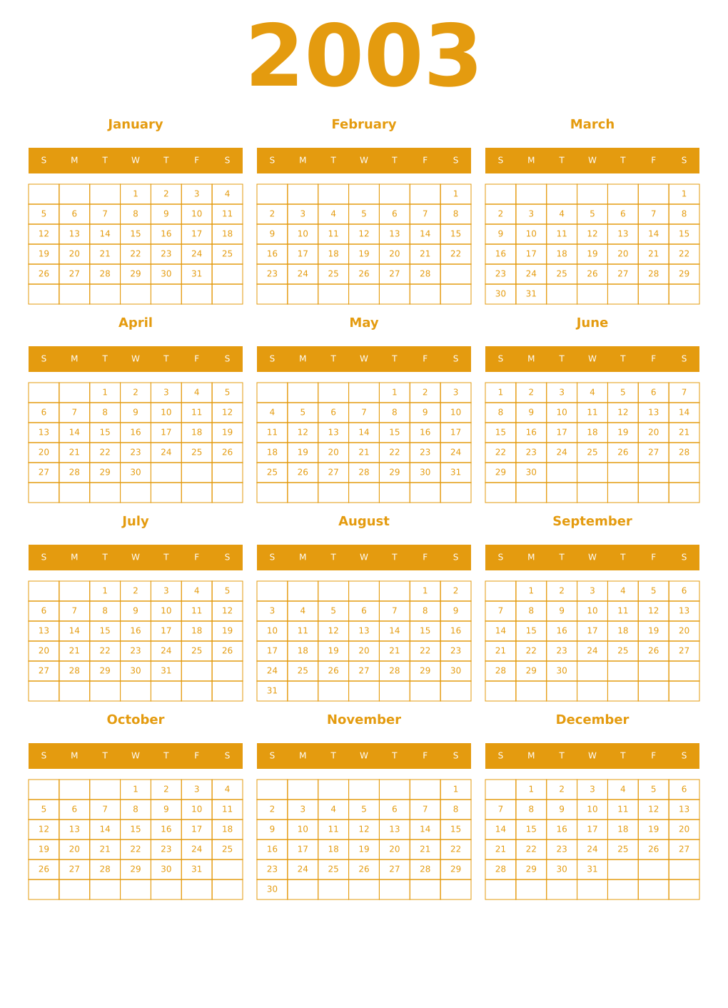 Printable 2003 Year Calendars gamboge
