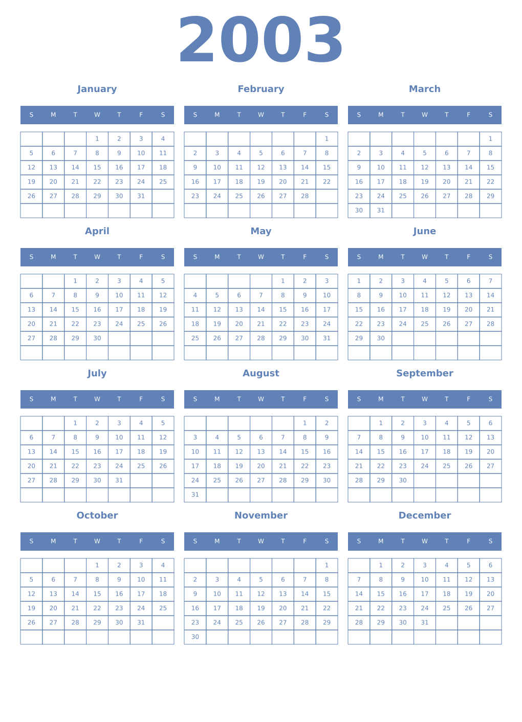 Printable 2003 Year Calendars glaucous