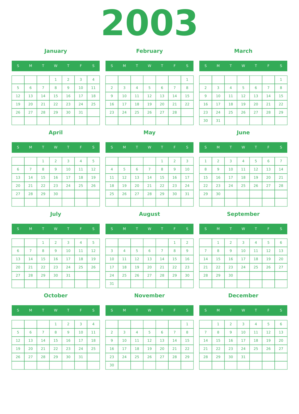 Printable 2003 Year Calendars green