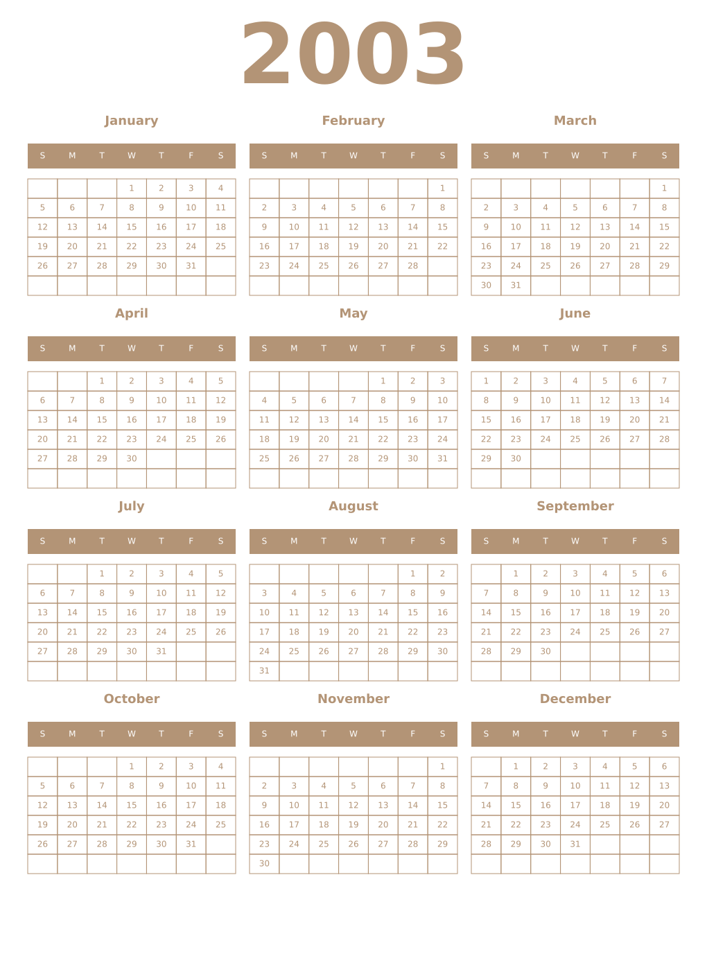 Printable 2003 Year Calendars isabelline