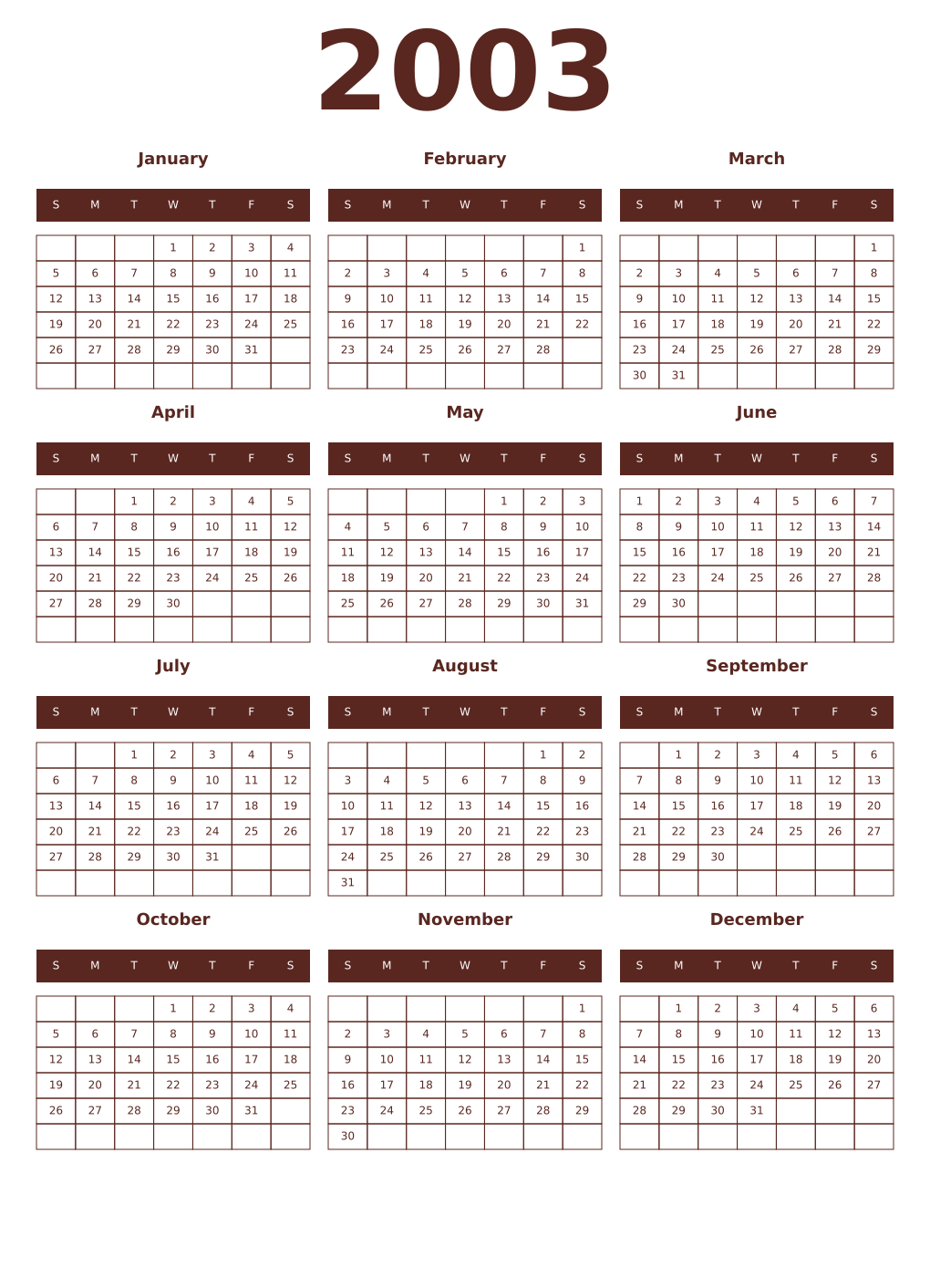 Printable 2003 Year Calendars mortuum