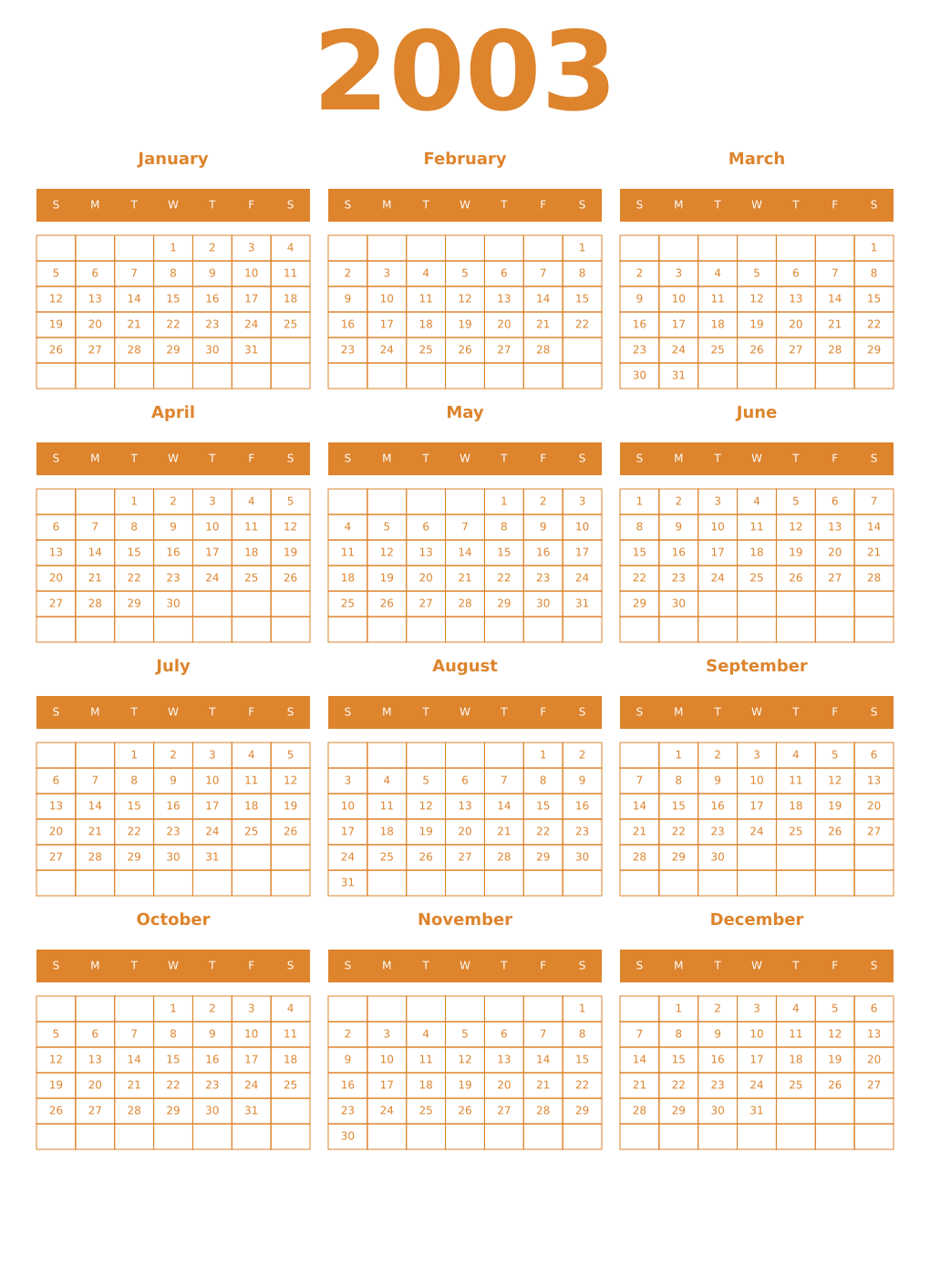 Printable 2003 Year Calendars orange