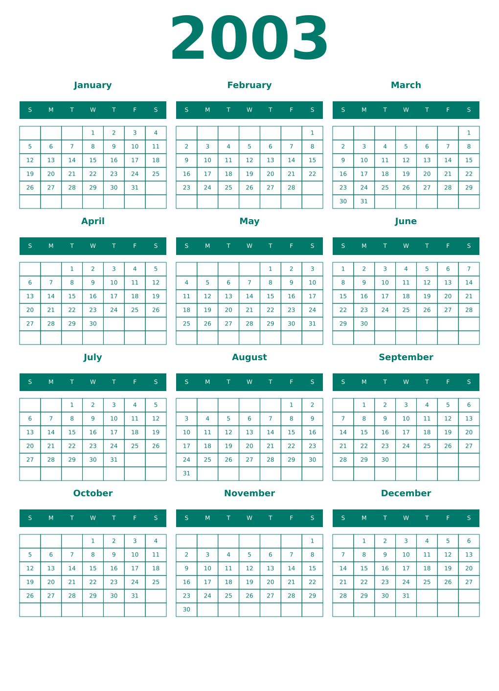 Printable 2003 Year Calendars pastel