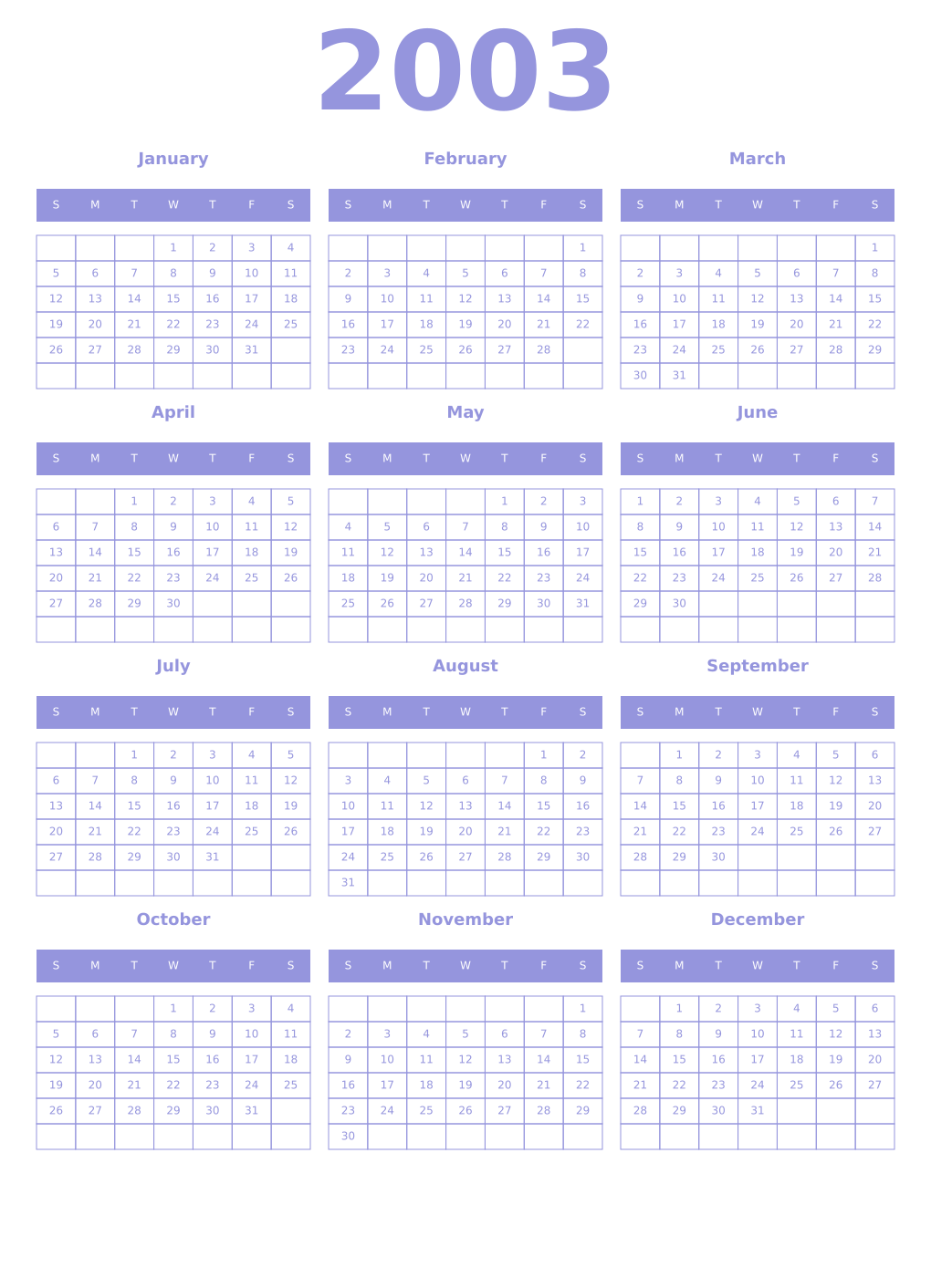 Printable 2003 Year Calendars periwinkle