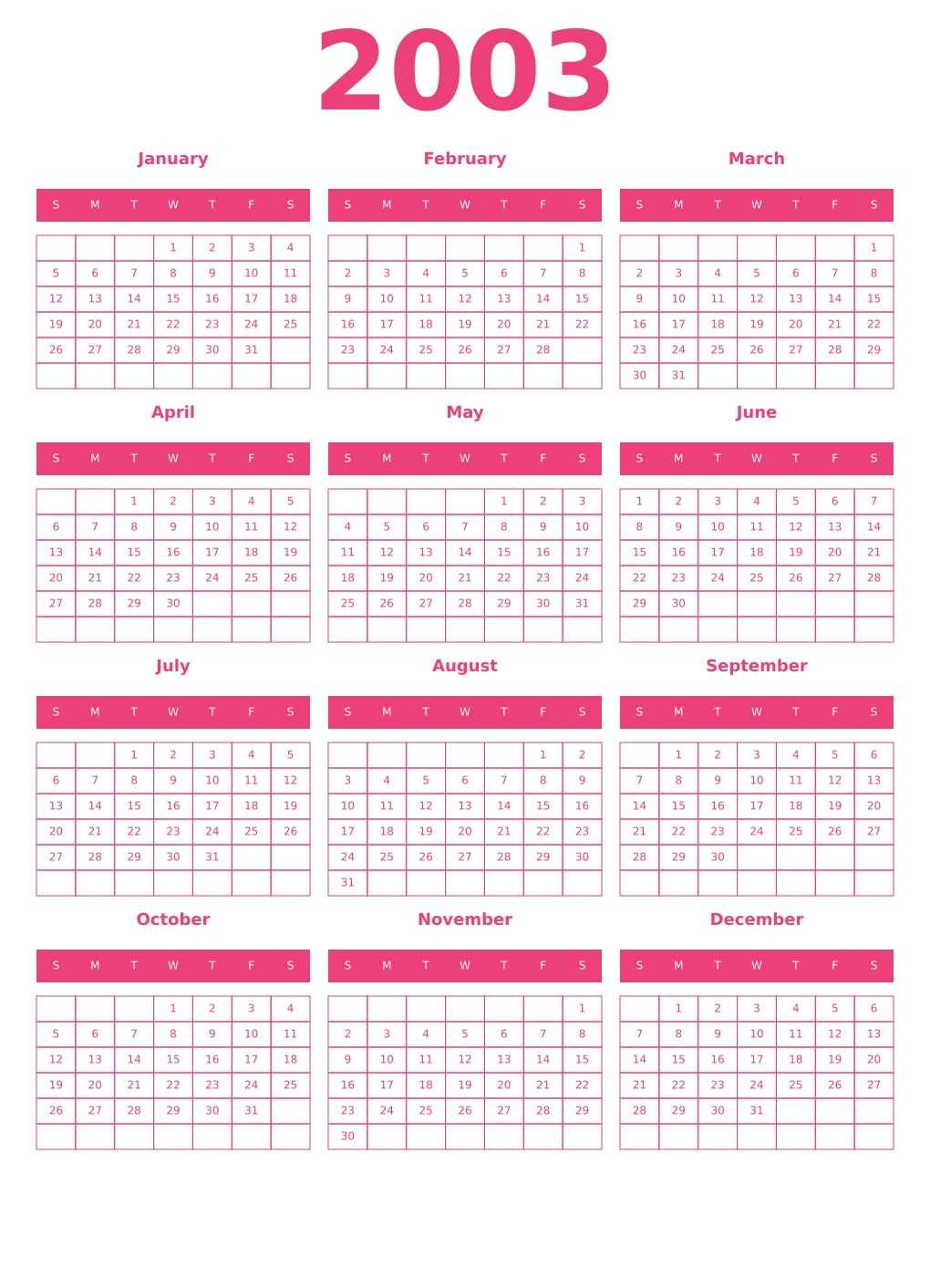 Printable 2003 Year Calendars pink