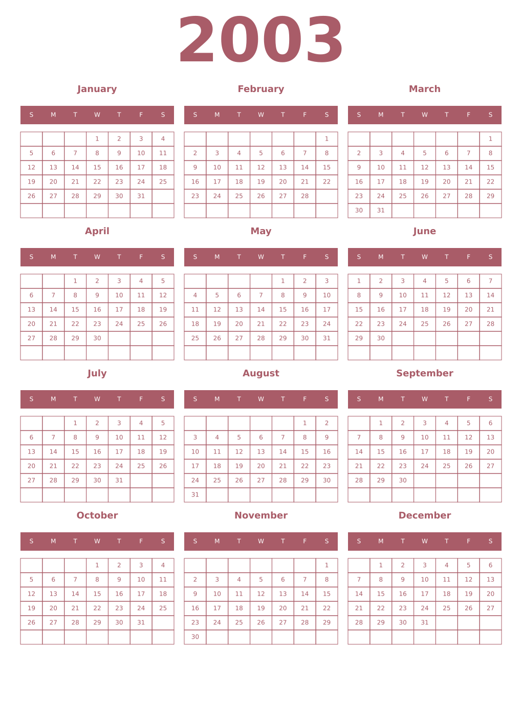 Printable 2003 Year Calendars puce