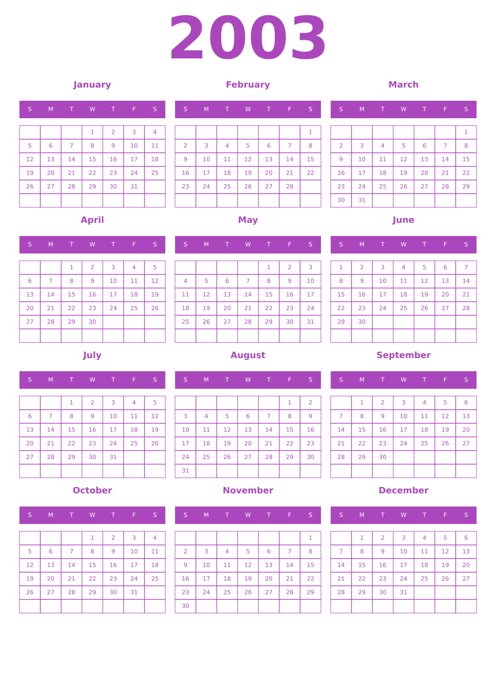 Printable 2003 Year Calendars purple