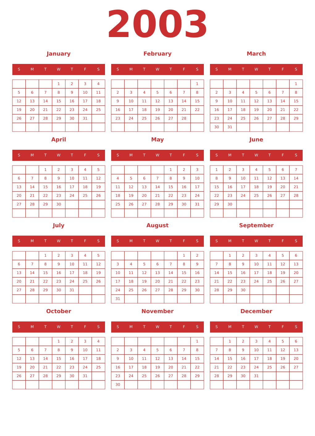 Printable 2003 Year Calendars red