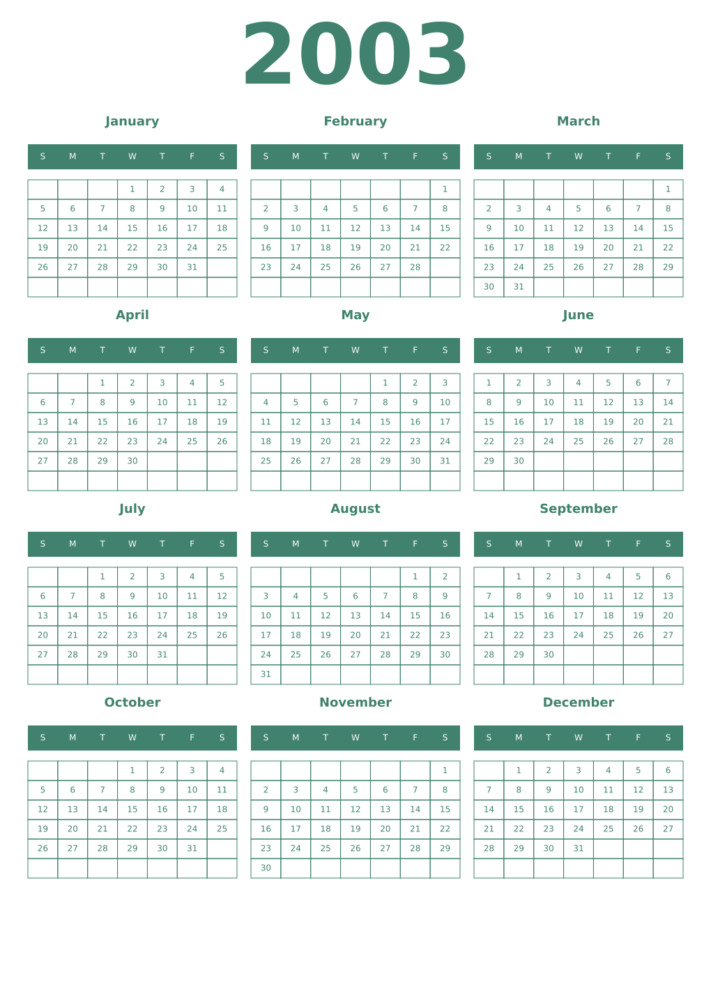 Printable 2003 Year Calendars viridian